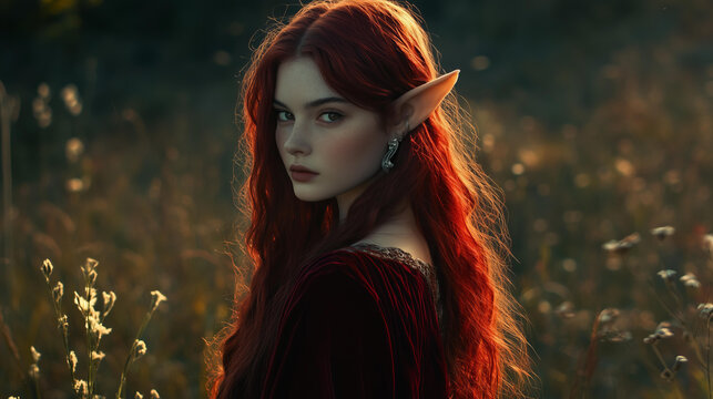 mystical elven woman standing in an overgrown meadow at dusk, her deep crimson hair cascading over her velvet gown.