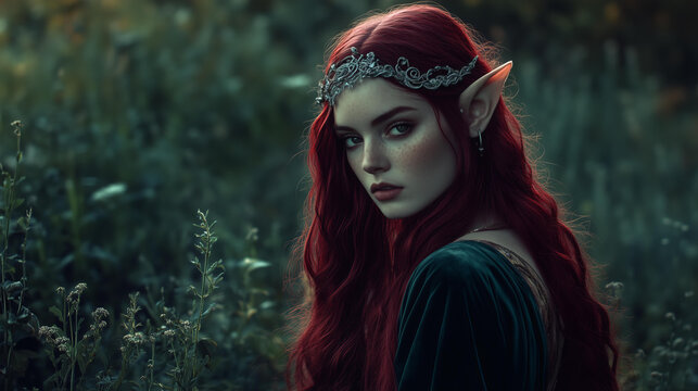 mystical elven woman standing in an overgrown meadow at dusk, her deep crimson hair cascading over her velvet gown. - Powered by Adobe
