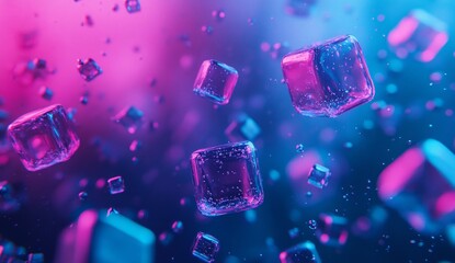 Abstract Geometric Cubes in Vibrant Neon Colors. Floating Ice Cubes in a Colorful Background