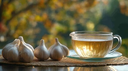 wooden table garlic tea on glass table with nature background.