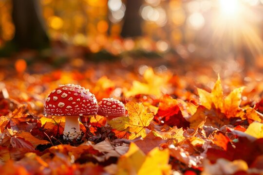 Toadstools in autumn leaves in sunny woodland. For nature, biology, mycologist