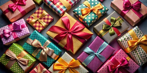 Fototapeta premium A collection of festively wrapped gifts with colorful ribbons and bows, showcasing a variety of patterns and textures.