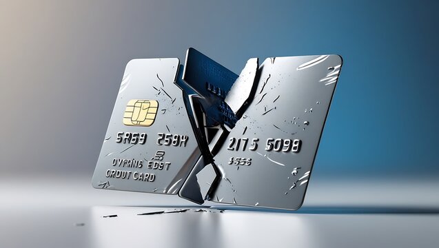 Broken Credit Card: Conceptual image of a silver credit card snapped in two, symbolizing debt, financial strain, and the aftermath of financial difficulties.
