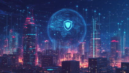 NIS2 EU Cybersecurity Directive Concept, Global Cybersecurity Network Protection over Smart City at Night