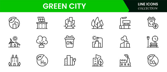 Green city, renewable energy, zero waste, eco, fresh air, pure water, electric vehicles, recycling, environment, bike, landscape, Vector illustration.