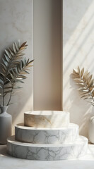 three-tiered marble display stand with metallic leaf accents