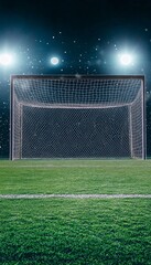 Fototapeta premium Realistic image of a goal net set against a lush green field illuminated by bright lights