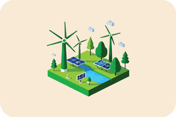 Isometric illustration of renewable energy sources wind turbines and solar panels in a natural landscape, representing sustainable power.