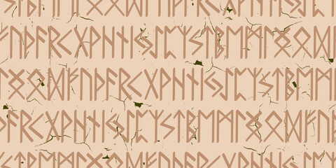 Runes seamless pattern. Runic alphabet, the Elder Futhark. Germanic ancient writing. Fortune telling, predicting, divination. Hand drawn illustration of nordic symbols, vector
