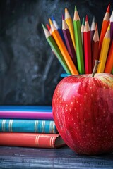 Chalkboard background with apple and school supplies on the left side, top view with ample space for text or product display.