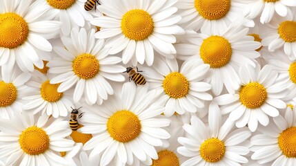 Fototapeta premium Close up shot of many daisies with bees pollinating Beautiful floral background image