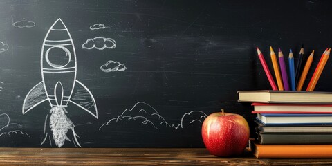 education and back to school concept. pencils stand as bus over wooden desk infront of classroom blackboard. AI generated illustration