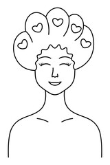Lady with chubby cheeks in a bathing cap decorated with hearts. Contented smile on her face, eyes narrowed. Sketch. Young woman put on a cap to keep her hair dry while taking a shower. Vector.