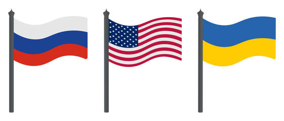 Flag of Russia, USA and Ukraine. Set of color vector illustrations. Symbols of states. Political theme. Flat style. National sign. Isolated background. Idea for web design.