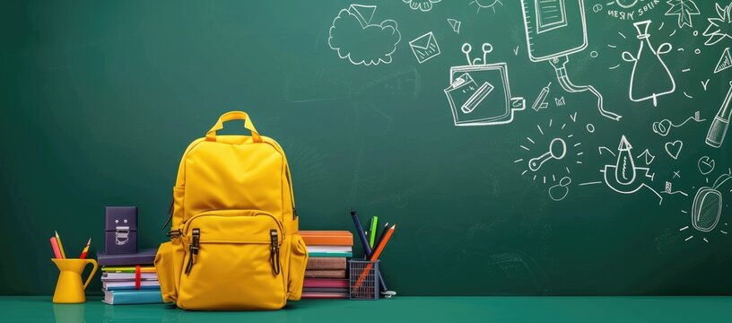 a yellow backpack surrounded by various school supplies, Copy space text, including pencils, an apple, and books, set against a green chalkboard background