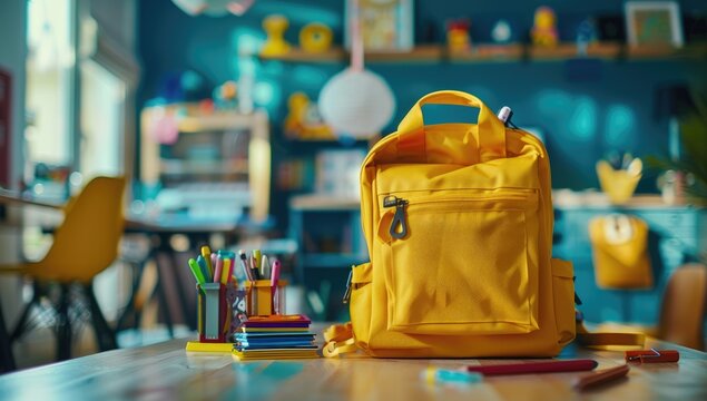 a yellow backpack surrounded by various school supplies, Copy space text, including pencils, an apple, and books, set against a green chalkboard background