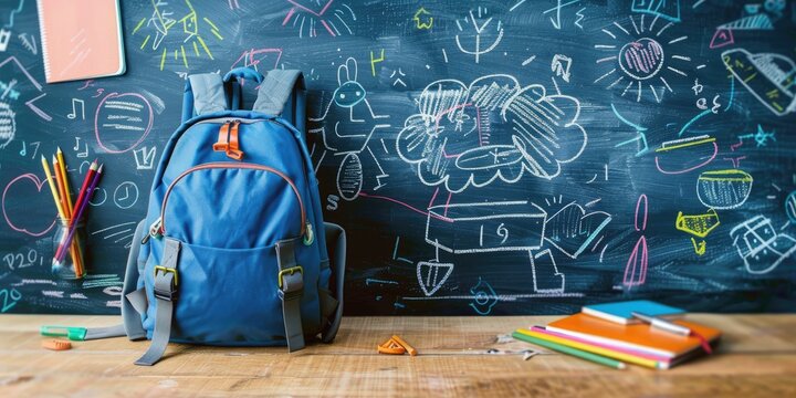 A school bag propped against a chalkboard with math equations, surrounded by a scattered pile of textbooks and notebooks