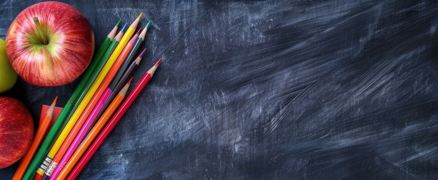Chalkboard background with apple and school supplies on the left side, top view with ample space for text or product display.