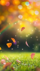 Fototapeta premium Leaves descending on lush grass amidst a vivid blurred background of rainbow and sunlight