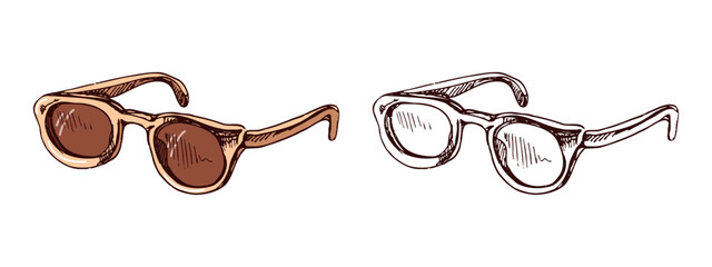 Hand drawn sketch of sunglasses in vintage cartoon style, color and monochrome set © Mariia Mazaeva