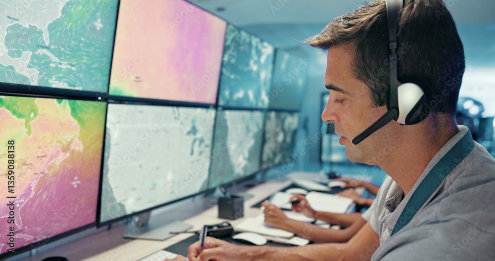 Fototapete computer, screen and man with headset in control room for storm tracking, satellite forecast or writ