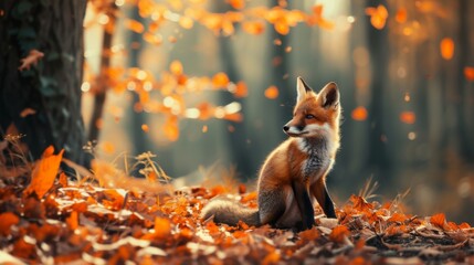 A fox kit sits in a forest, surrounded by falling autumn leaves, creating a picturesque scene with warm, golden tones and a dreamy, blurred background. Ideal for nature and wildlife enthusiasts.