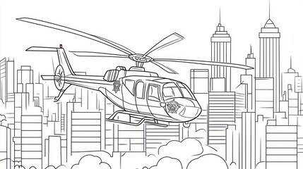 Obraz premium Cartoon Helicopter Over City Skyline, Coloring Book