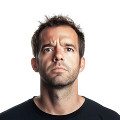 Obraz premium A Man with Stoic Expression Eyes Fixed Ahead Wearing a Black Shirt Looking Up Isolated on Transparent Background