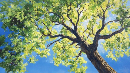 Radiant tree standing tall lush green leaves shimmering in the sunlight against a backdrop of clear blue skies 
