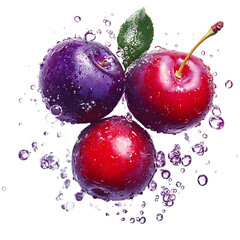 Ripe Plums with Water Splash Isolated on Transparent Background