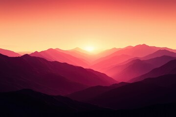 Fototapeta premium Sunrise over layered mountains; foggy background, ideal for calming content creation