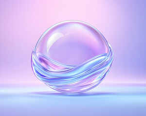 Obraz premium Iridescent sphere encircled by translucent, wavy bands on a pastel background