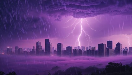 Stormy skyline illuminated by lightning over modern city at dusk with heavy rain and fog