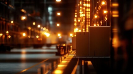 A captivating image of an illuminated warehouse filled with shelves and boxes, showcasing the dynamic environment of industrial logistics and organization.