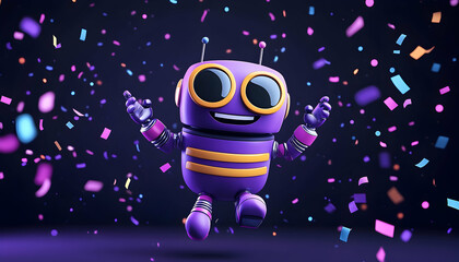 Joyful purple robot levitates amidst colorful confetti