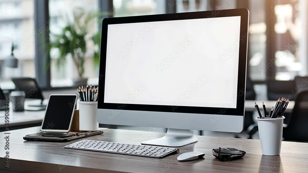 Poster modern workspace featuring a personal computer and mobile device generative ai