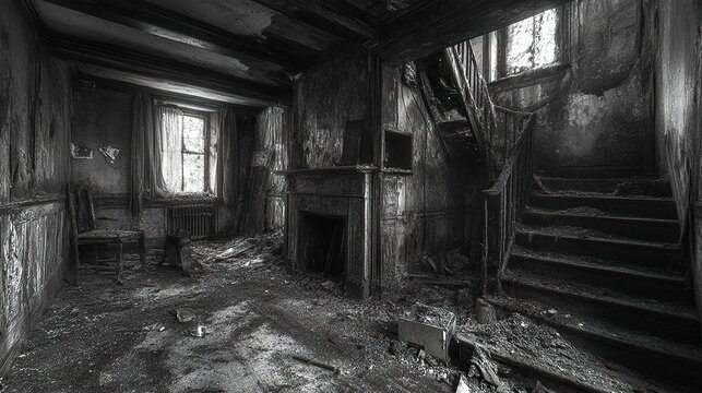 Scorched interior blackened walls ash-strewn floors and collapsed beams haunting remnants of a house gutted by fire. 