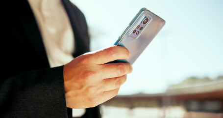 City, cellphone and hands of person typing for networking, communication or contact for finance deal. Phone, outdoor and business investor with email for investment, profit or revenue report in town.