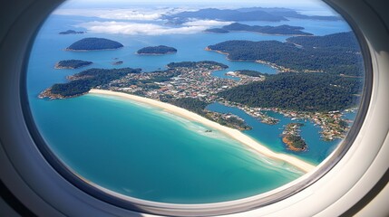 Fototapeta premium Aerial view of coastal town and beach through airplane window. Tranquil bay, islands, and cityscape seen from above. Perfect for travel brochures or tourism advertising.