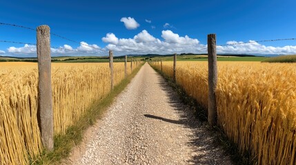 Obraz premium Panoramic view of golden wheat fields under a bright blue sky with fluffy clouds showcasing rural beauty