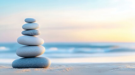 A serene stack of smooth stones balanced on a sandy beach, with gentle waves and a soft sunset in the background, Mental health in the workplace.
