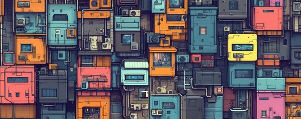 Grid city layout pattern flat design top view cyberpunk cartoon drawing colored pastel