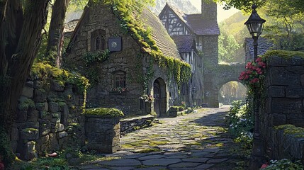 Obraz premium Stone walls weathered and moss-covered embrace lush alleys vibrant foliage and detailed landscaping evoke rustic serenity 