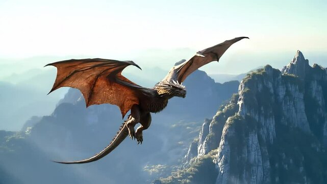 Majestic dragon flying above rocky cliff during dramatic cloudy sky fantasy scene
