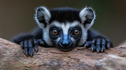 Naklejka premium Close-up of a lemur resting on a branch. The lemur's face is visible, showing large expressive eyes and a curious expression. Its fur is black and white, with noticeable details