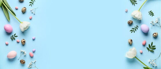 Frame made of Easter eggs, green leaves and flowers on light blue background