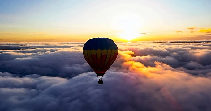 Hot air balloon flying in the sky during a sunset with a silhouette of the basket against the clouds and sun