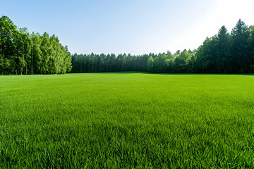 Fototapeta premium Lush green field bordered by a tranquil forest under a clear blue sky