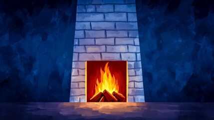 Cozy fire burning in a brick fireplace, radiating warmth into a dark room