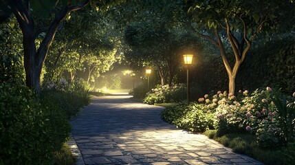 Obraz premium Subtle landscape lighting outlines pathways plants gently illuminated creating a serene and elegant garden atmosphere. 
